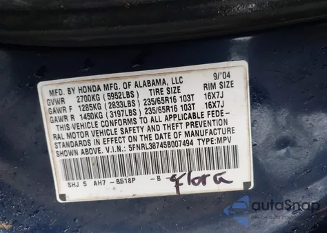 2005 Honda Odyssey Ex-L z USA, uszkodzony, nr VIN 5FNRL38745B007494